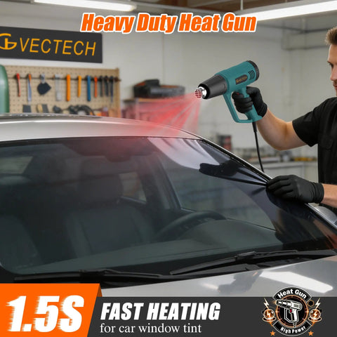 Person using Dual Temp Heat Gun With 572F And 1112F Settings, Fast Heat, Four Nozzles on car window tint in workshop.