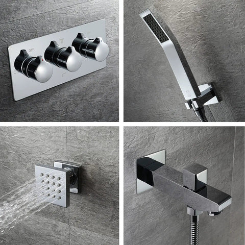 Ceiling Mounted LED Thermostatic Shower System With 6 Functions Rainfall Waterfall Mist And Body Jets Includes Hand Shower controls and fixtures