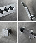 Dope Ceiling Mounted LED Thermostatic Shower System With Rainfall And Misting Functions And Body Jets For A Luxury Bath Badass Setup featuring three knobs, handheld shower, body jet panel.