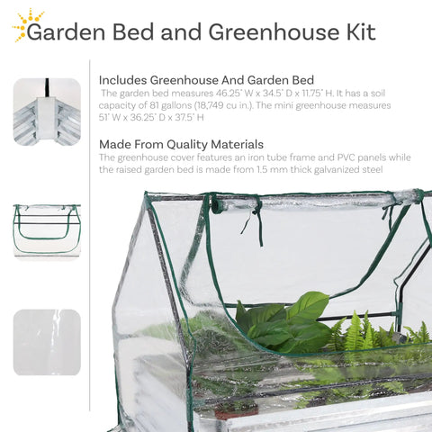Steel Raised Garden Bed With Mini Greenhouse Cover featuring zippered doors and clear weatherproof top, ideal for outdoor growing.