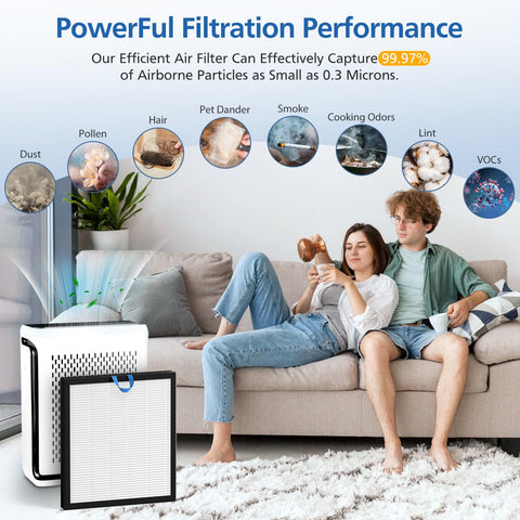 2 Pack Vital 100S Replacement Filter For Vital 100S And 100S-P Air Purifier, showing filtration of dust, pollen, smoke, and VOCs