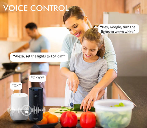 Family using Smart WiFi 6 Inch RGB LED Recessed Lights, Color Changing, Compatible With Alexa And Google Home, 15W