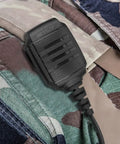 Walkie Talkie Shoulder Speaker Mic With IP54 Waterproof 2 Pin K Plug Rugged Design clipped to camouflage uniform