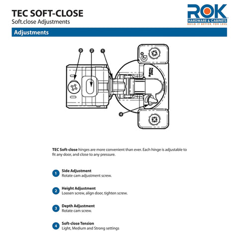 Diagram showing adjustment features of Two Pack Cabinet Hinges With 108 Degree Opening One Inch Overlay Screw On Compact Design Boss Level Soft Close.