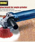 4 Inch Abrasive Filament Nylon Cup Brush For Angle Grinder 5/8-11 Thread installed on blue angle grinder removing rust