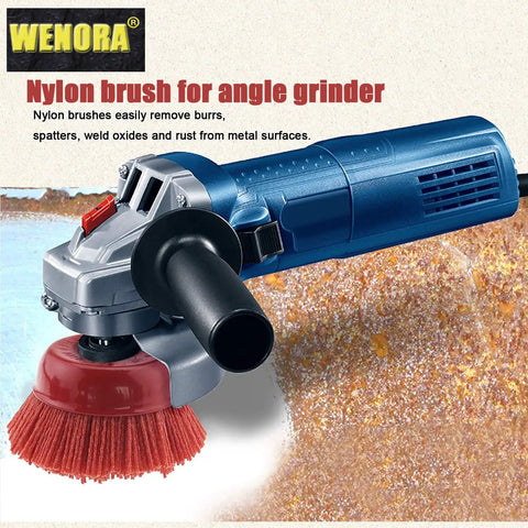 4 Inch Abrasive Filament Nylon Cup Brush For Angle Grinder 5/8-11 Thread installed on blue angle grinder removing rust