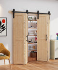 Workhorse Spruce Wood Bifold Barn Door Kit Includes 90 Inch Track Assembly Free Double Door Panels 84X84 Inches For Closets installed in modern living room.