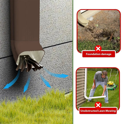 Heavy Duty Gutter Downspout Diverter Extension For Home And Garden installed, preventing water erosion near lawn.