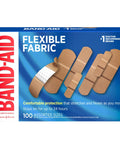 Front view of Band-Aid Brand flexible fabric adhesive bandages box, assorted sizes, 100 ct