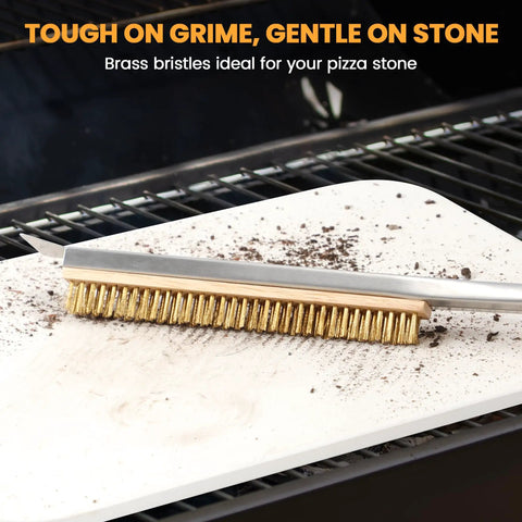 21 Inch Pizza Brush With Brass Bristles And Stone Scraper Wood Handle With Hanging Ring For Outdoor Pizza Oven Cleaning Grime Busting Safe On Stone Surfaces Compatible With Ooni Gozney Blackstone And Solo Stove Ovens cleaning pizza stone