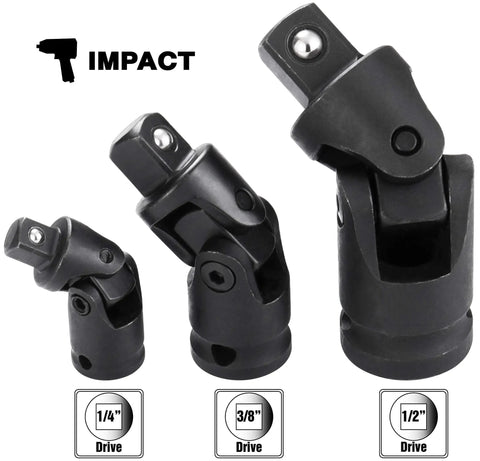 Impact Universal Joint Set, 3-Piece Cr-V, Heavy Duty Chrome Vanadium Steel With Black Phosphate Finish, Locks Onto Drive Tang And Socket, Durable