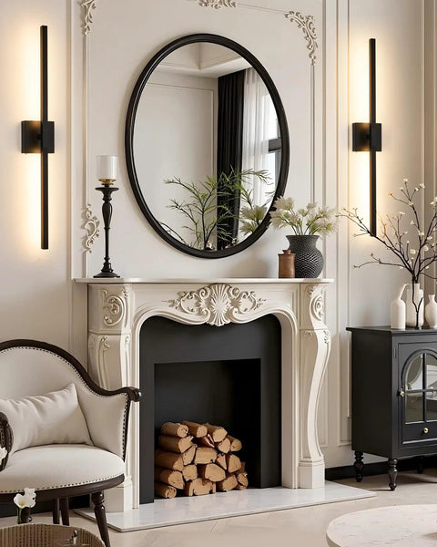 Cordless Black Rechargeable Wall Sconce With Remote 8000Mah Battery Operated near a stylish fireplace and mirror decor.