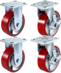 6 Inch Heavy Duty Caster Wheels Set Of 4 With 2 Rigid And 2 Swivel Casters And Side Brake Durable Polyurethane Wheels On Iron Core Plate
