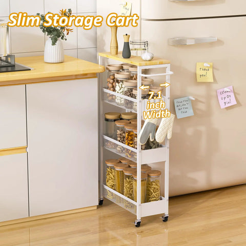 7.1 Inch Wide Slim Rolling Storage Cart On Wheels With Four Tiers, Narrow Metal Utility Cart With Handle And Wood Top