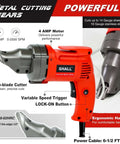 Electric Metal Cutting Shear For 14 Gauge Steel And 16 Gauge Stainless, 4.0 Amp Corded Cutter close-up showing handle and blade.