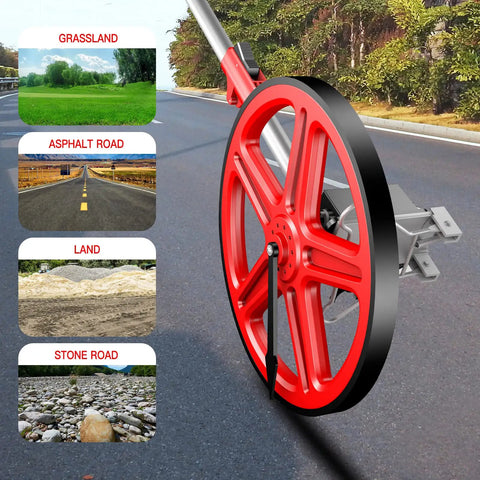 Close-up of 12 inch Distance Measuring Wheel With Marking Flags on asphalt, showing versatility on grass, stone, and land surfaces