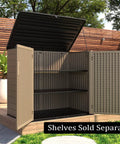 Heavy Duty Outdoor Storage Cabinet For Backyards And Patios Weather Resistant Horizontal Shed With 48 Cu Ft open with shelves