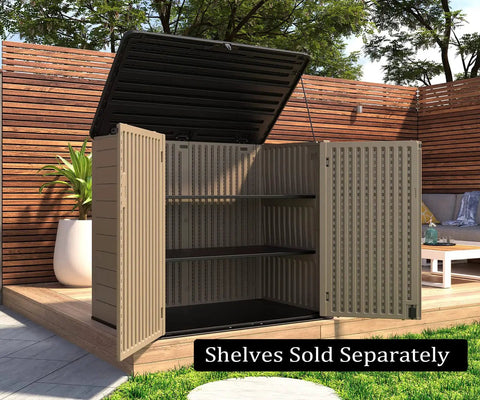 Heavy Duty Outdoor Storage Cabinet For Backyards And Patios Weather Resistant Horizontal Shed With 48 Cu Ft open with shelves