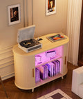 Large Record Player Stand With Power Outlets And Led Lights, Dope Mid Century Modern Media Cabinet For Vinyl Storage Up To 300 Records