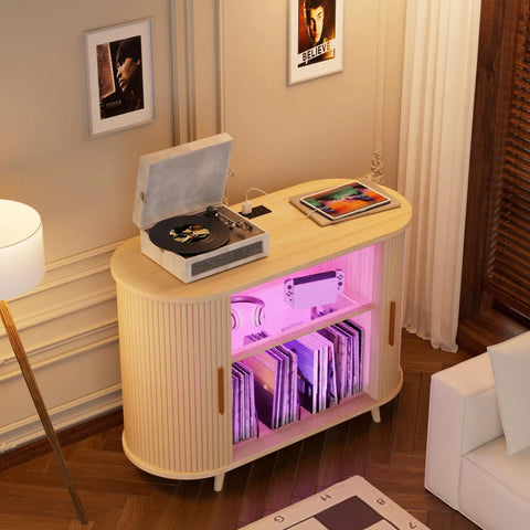 Large Record Player Stand With Power Outlets And Led Lights, Dope Mid Century Modern Media Cabinet For Vinyl Storage Up To 300 Records