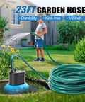 Child watering garden with hose connected to pool cover pump. Pool Cover Pump 850 GPH For Above Ground Pools With 4 Hose Adapters included.