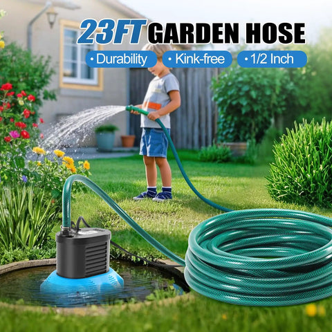 Child watering garden with hose connected to pool cover pump. Pool Cover Pump 850 GPH For Above Ground Pools With 4 Hose Adapters included.