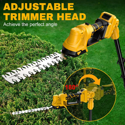Pro Grade Cordless Pole Hedge Trimmer And Electric Grass Shear Kit For Backyard Bosses with adjustable trimmer head on hedges.