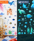 Glow In The Dark Ocean Wall Decals Set With Sea Life Stickers; daytime and night effects in kids bathroom decor with sea creatures.