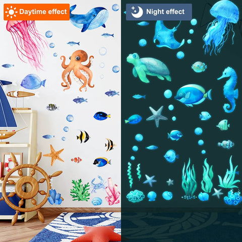 Glow In The Dark Ocean Wall Decals Set With Sea Life Stickers; daytime and night effects in kids bathroom decor with sea creatures.
