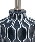 Close-up of blue ceramic table lamp with handpainted white pattern, 12 inch diameter, part of Contemporary Home Decor Lighting.