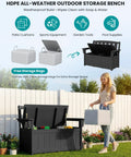 HDPE Outdoor Storage Bench With 57 Gallon Dual Use Seat And Organizer, ideal for patio, garden tools, and poolside gear, black.