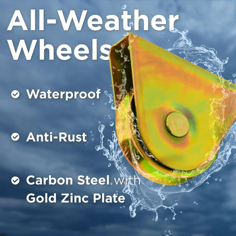 Built Tough 3.5 Inch V Groove Gate Wheel For V Profile Sliding Tracks With Sealed Bearings Flat Mount Brackets Carry Up To 800 Lbs No Grease Drama Ever Just Install And Glide Smooth, showcasing waterproof gold zinc plated carbon steel.