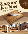 Keep Your Wooden Cutting Boards And Kitchen Gear Looking Slick As A Whistle With This Odorless Food Grade Butcher Block Oil For Deep Conditioning And Crack Prevention on a cutting board with knife.