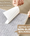 Hands applying Anti Slip Rug Tape For Hardwood Floors 12 Pack Rug Grips White Rug Stickers with non-slip backing to prevent sliding.