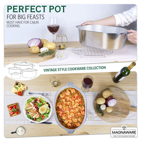 Cast Aluminum Oval Dutch Oven With Lid 10 Qt Heavy Duty And Lightweight Pro Grade Roaster Pan With Rack And Silicone Cover