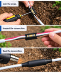 Step-by-step guide showing 3 Pack Top Shelf Underground Wire Splice Kit For 14/3 To 8/3 Awg Wire With Knockout 600V Rating.