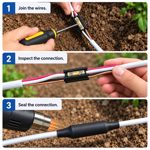 Step-by-step guide showing 3 Pack Top Shelf Underground Wire Splice Kit For 14/3 To 8/3 Awg Wire With Knockout 600V Rating.