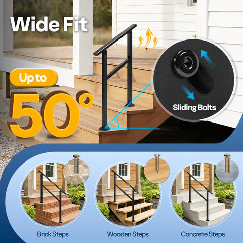 Rock Solid Outdoor Handrail For Stairs And Deck Heavy Duty Straight Rail Customizable Length installed on wooden steps at angle.
