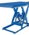 Heavy Duty Electric Hydraulic Lift Table With Four Sided Toe Guards 48 By 96 Inch Steel Deck 4000 Lb Capacity Smooth Operator Built Like A Tank Rock Solid Workshop Warrior Blue view of lift table side.