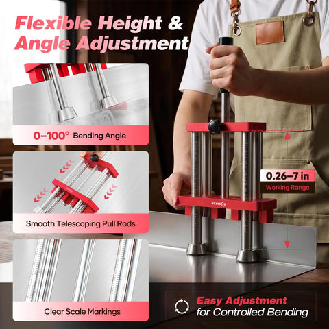 Two Station Sheet Metal Bender Roller Tool for 0 to 100 Degree Bends with 7 Inch Rolling Axis and red finish in use.