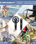 32T Chainring Crank Set With 170mm Arm For Mountain Bikes And Student Bicycles, Narrow Wide Drop Stop Design chart showing wide applicability for various bike types.