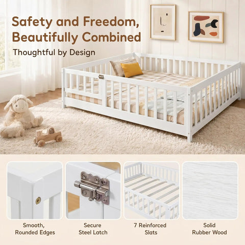 White Full Rubber Wood Floor Bed With Safety Guardrails And Fence Door, Heavy Duty Wobble Free Foundation That Requires No Box Spring, Supports Up To 400 Lbs in bedroom setting
