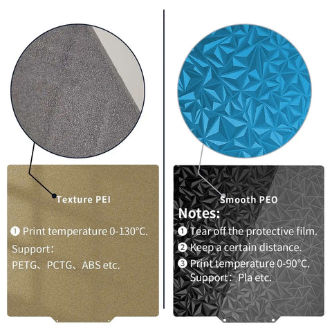 Dual Sided PEI 300x300 Build Plate With Smooth And Textured Surfaces showing material details and supported materials for 3D printing