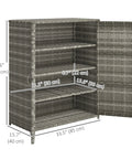 Sturdy Wicker Outdoor Storage Cabinet With Four Shelves And Two Doors, open view showing dimensions, mixed gray rattan.