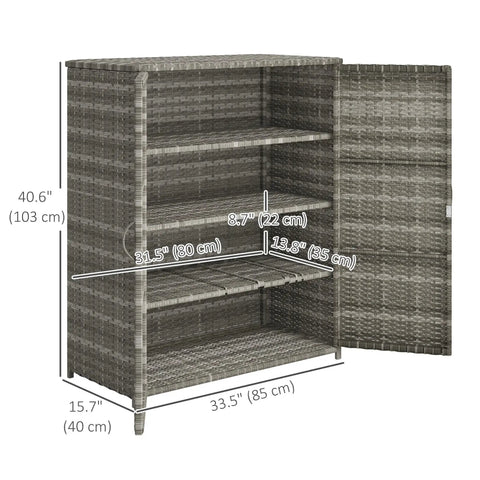 Sturdy Wicker Outdoor Storage Cabinet With Four Shelves And Two Doors, open view showing dimensions, mixed gray rattan.