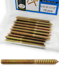 Top Shelf Heavy Duty Rock Solid 16 Pack 5/16 X 3 1/2 Inch Hanger Bolts Double Ended Wood Dowel Screws in a storage case.