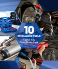 10 Piece Drum Brake Tool Kit With Case And Gloves For Auto Repair, featuring tools and blue case with brake spring pliers.