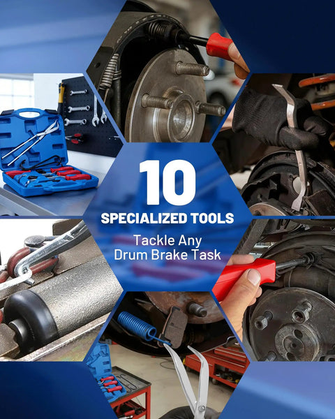 10 Piece Drum Brake Tool Kit With Case And Gloves For Auto Repair, featuring tools and blue case with brake spring pliers.