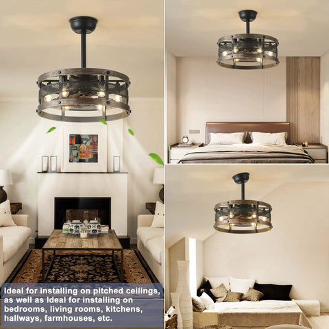 19 Inch Black Caged Ceiling Fan With Lights And Remote, Industrial Style Ceiling Fixture In Bedroom And Living Room