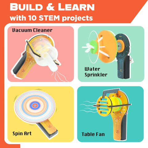 10in1 Electric Motor STEM Kit For Kids Ages 5 8 12 Hands On Science Toy For Learning Electricity, Engineering, DIY Projects, Motor Experiments And Real World Engineering Fun. 10 STEM projects display